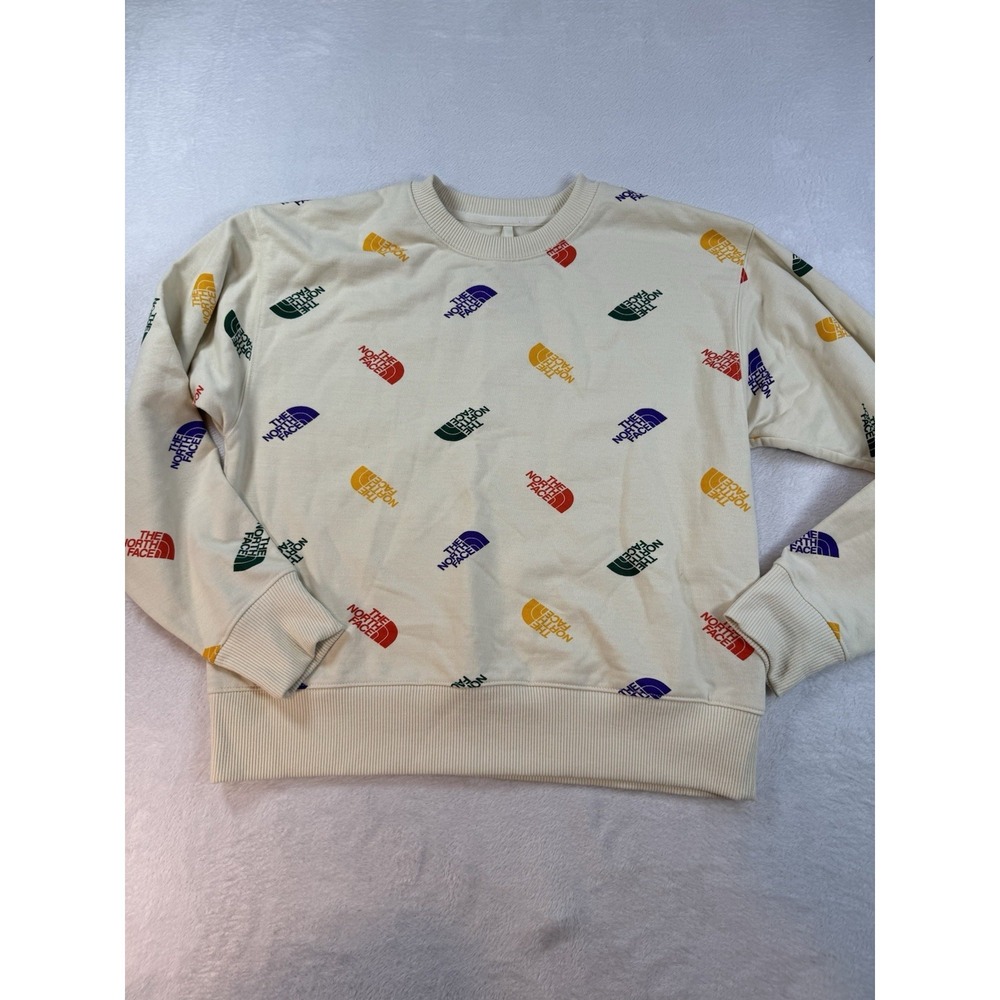 Gorpcore The North Face Women's M Crew Neck Sweatshirt Beige AOP Graphic Logo